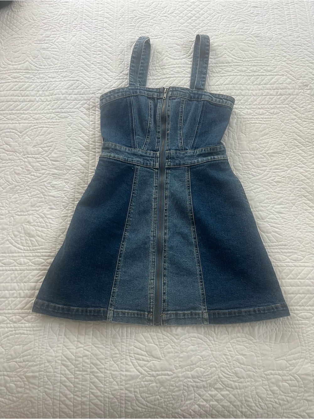Denim Zip-Front Pinafore Dress - Blue